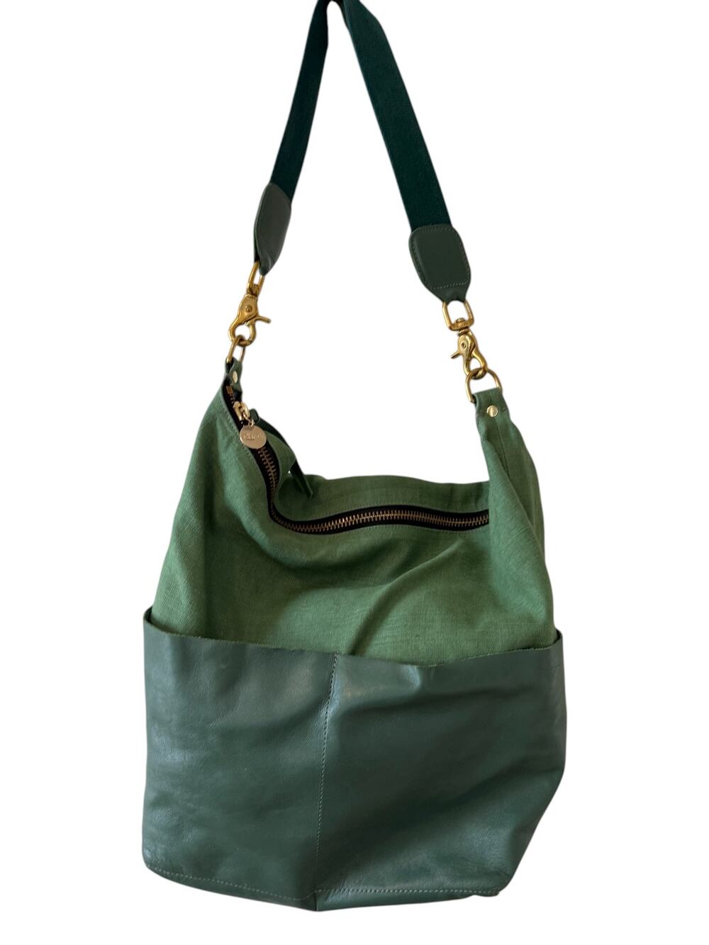 Clare V Le Zip Sac Slouchy Tote Bag Leather & Cotton Green